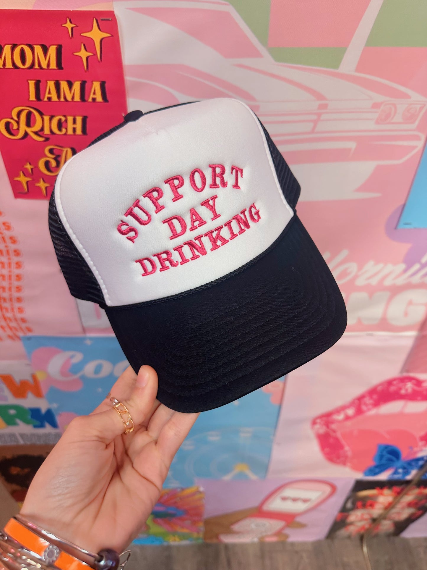 Support Day Drinking -Black with white front: Embroidery: Fuchsia