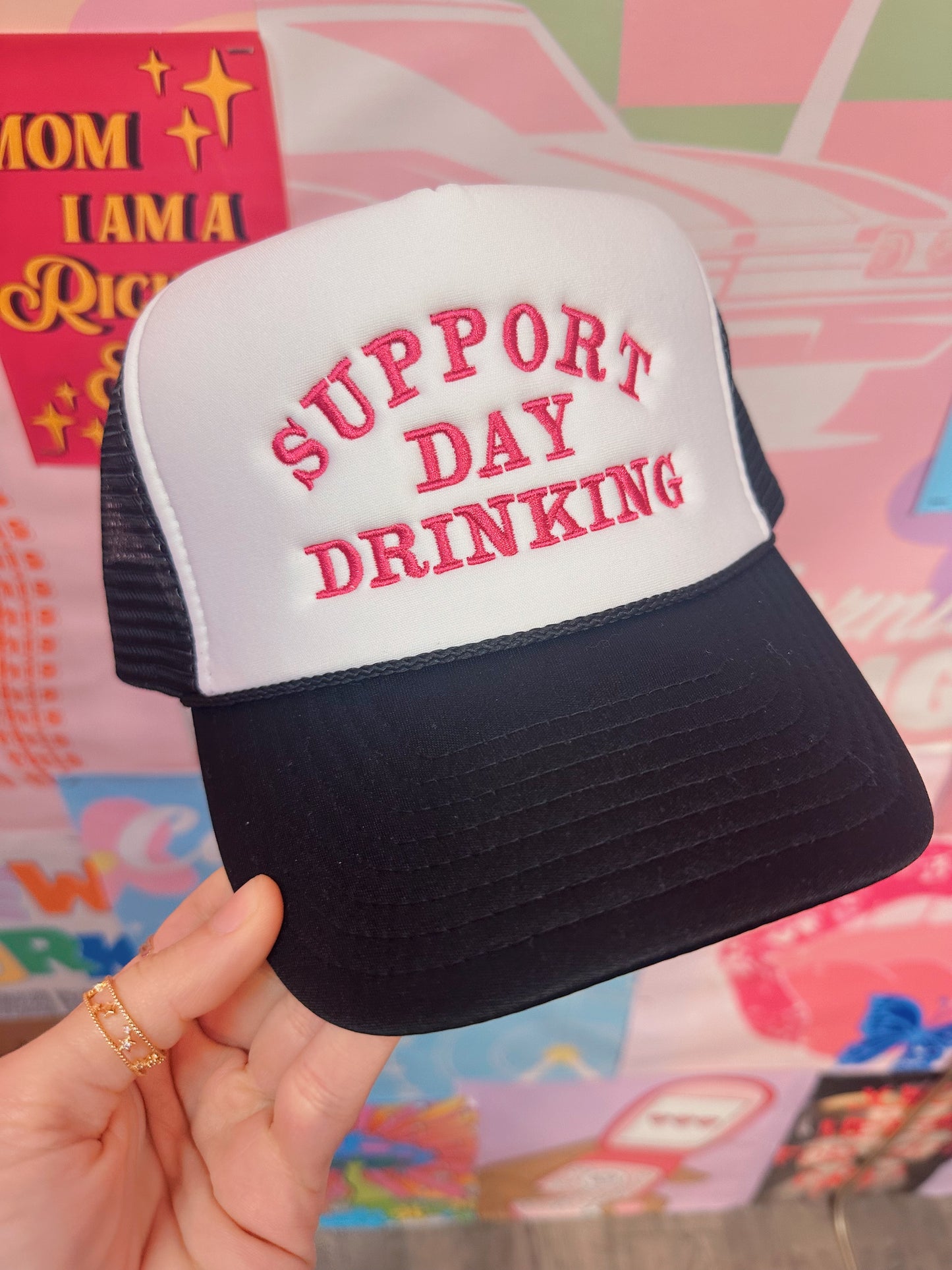 Support Day Drinking -Black with white front: Embroidery: Fuchsia