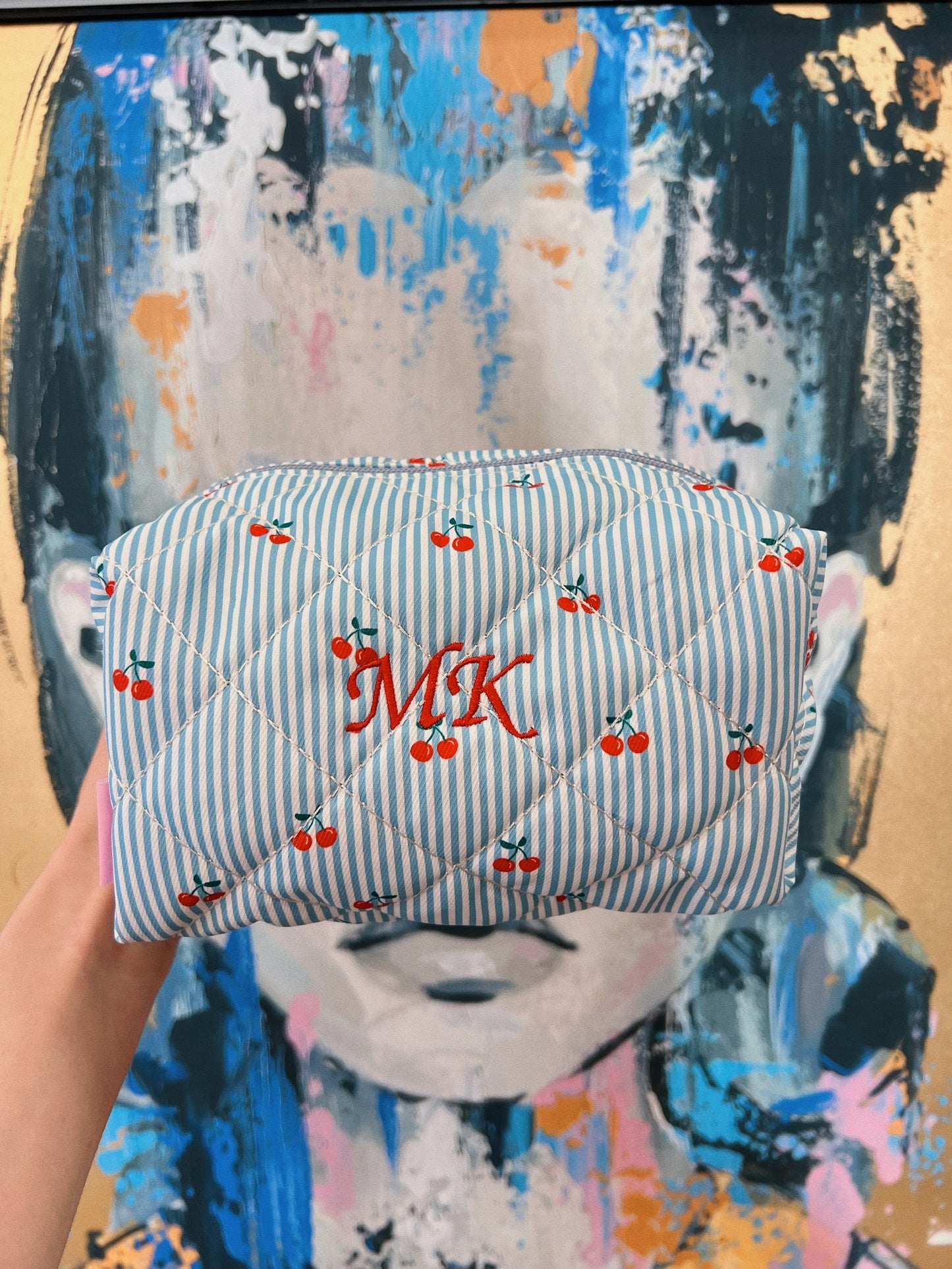 Custom Embroidery Blue Cherry Makeup Bag