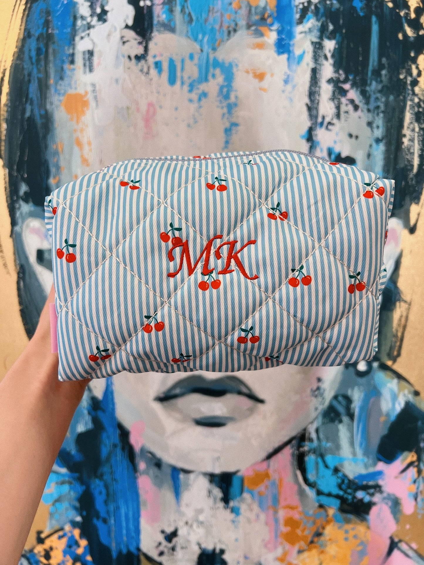 Custom Embroidery Blue Cherry Makeup Bag