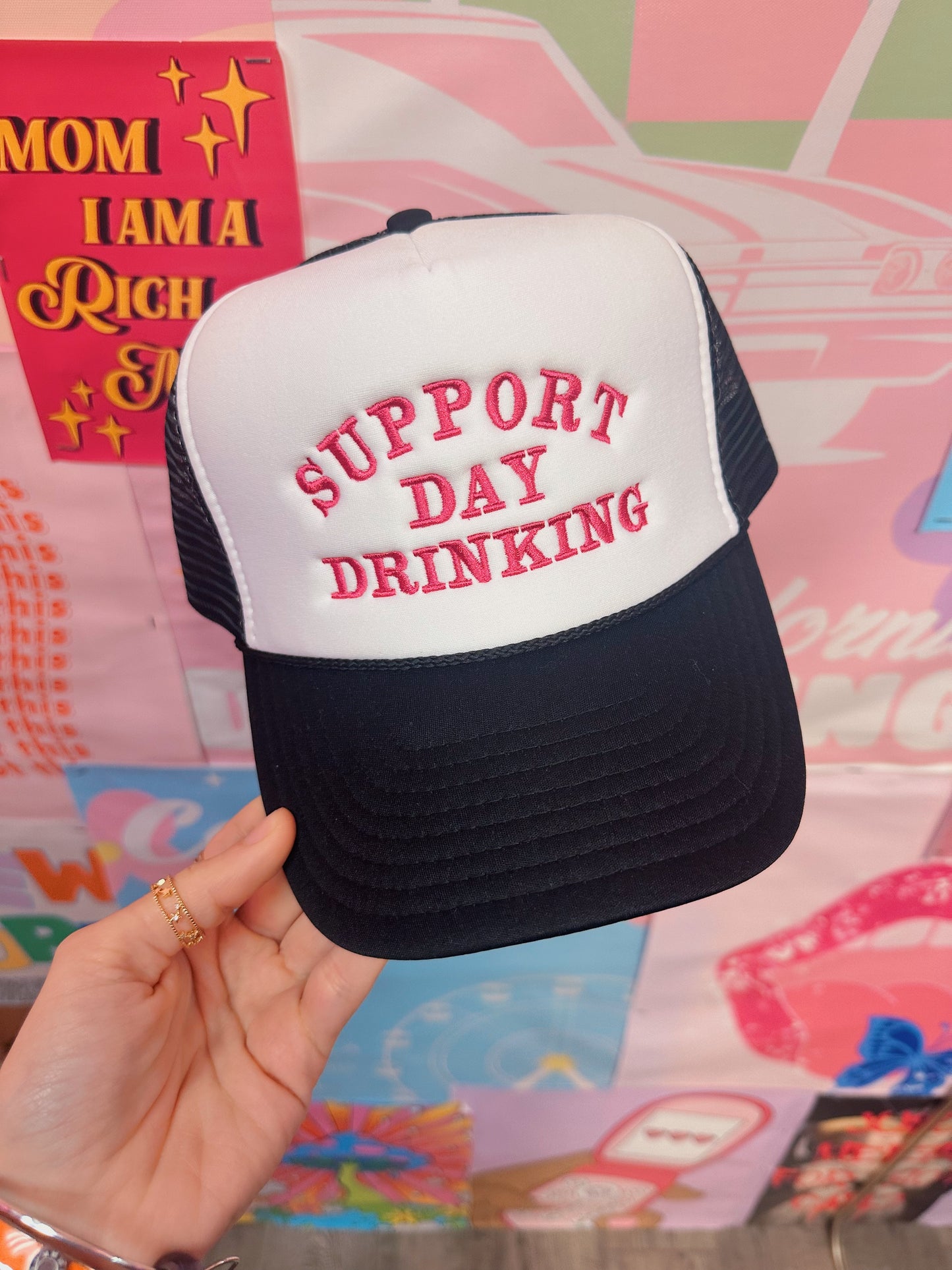 Support Day Drinking -Black with white front: Embroidery: Fuchsia
