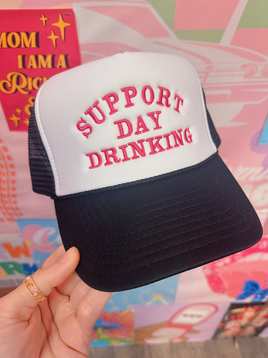 Support Day Drinking -Black with white front: Embroidery: Fuchsia