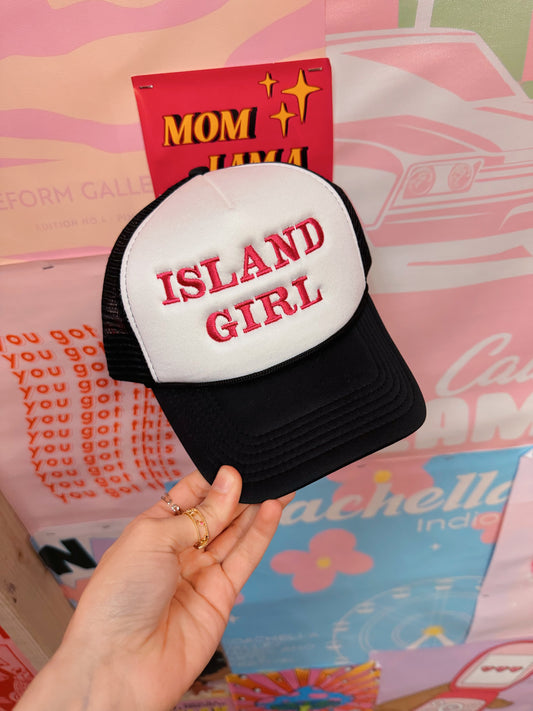 Island Girl  Embroidery Trucker Hat: Fuchsia