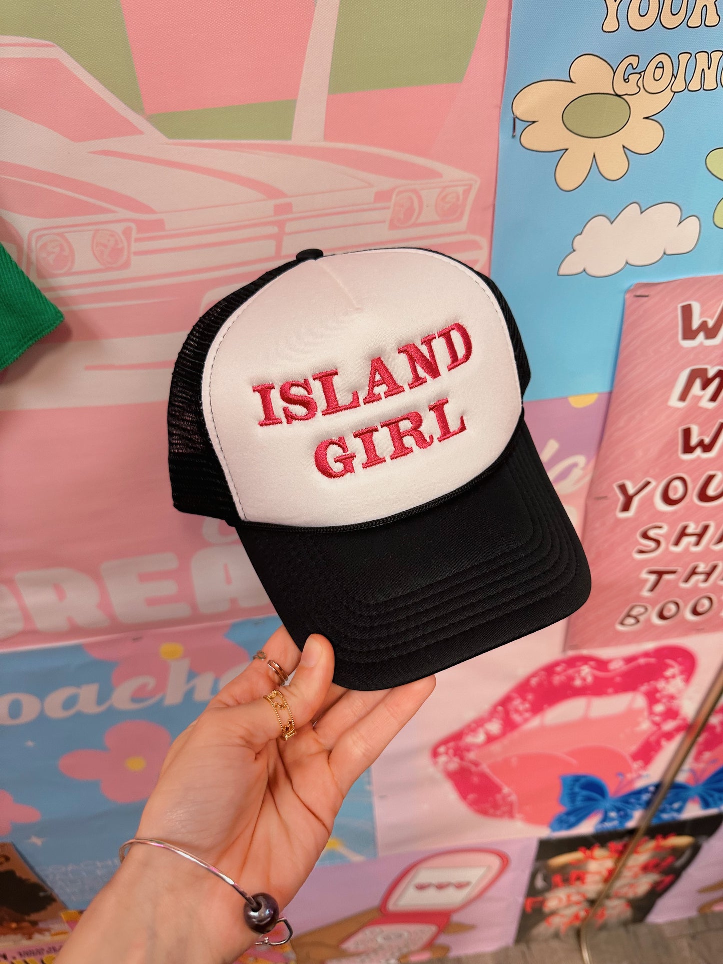Island Girl  Embroidery Trucker Hat: Fuchsia