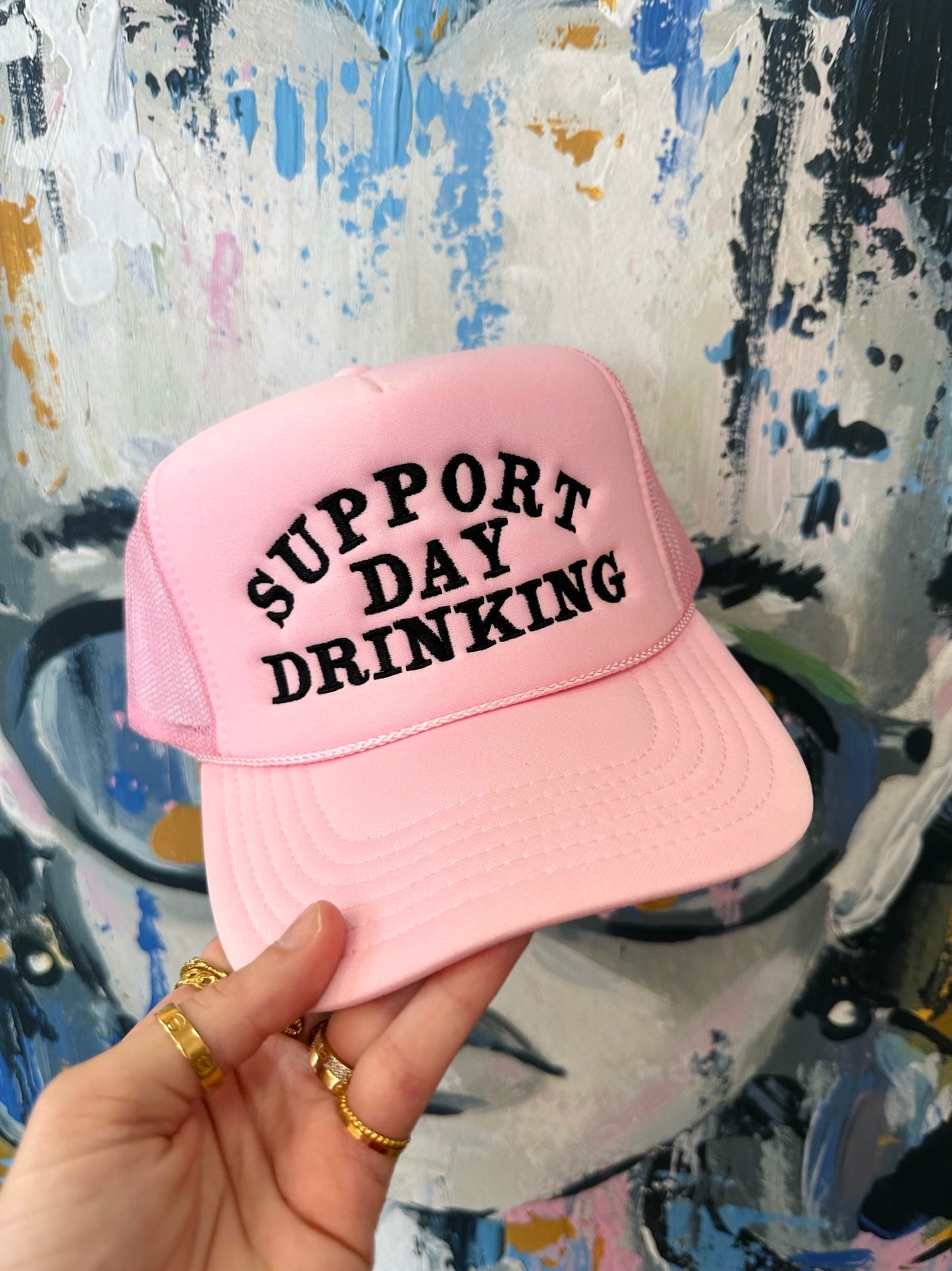 Support Day Drinking - Pink with Black - Embroidery Trucker Hat