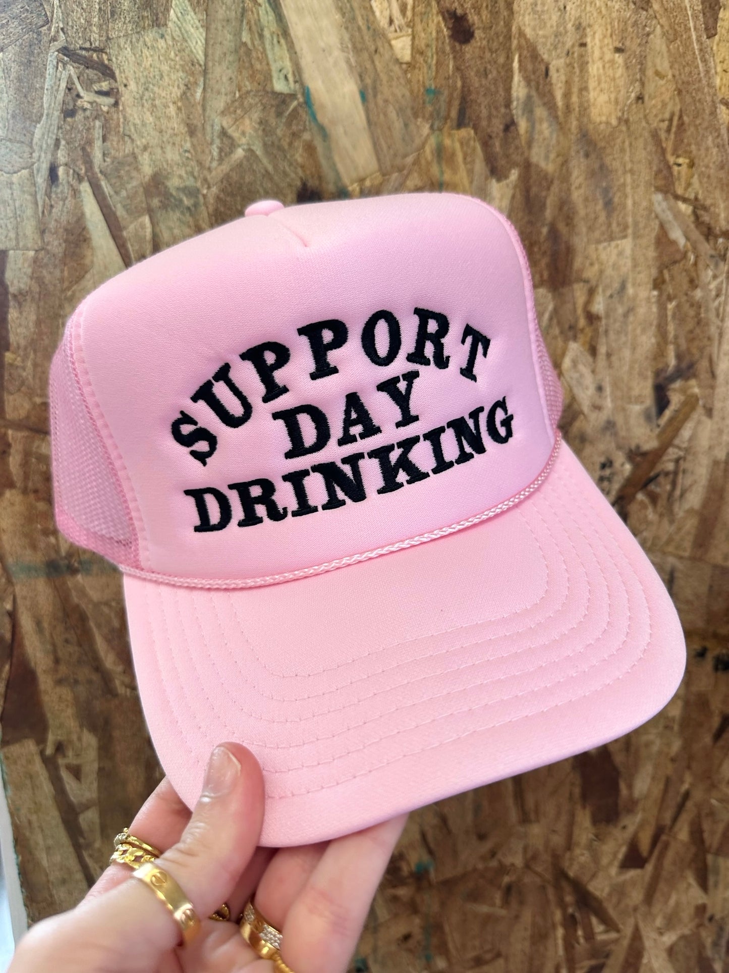 Support Day Drinking - Pink with Black - Embroidery Trucker Hat