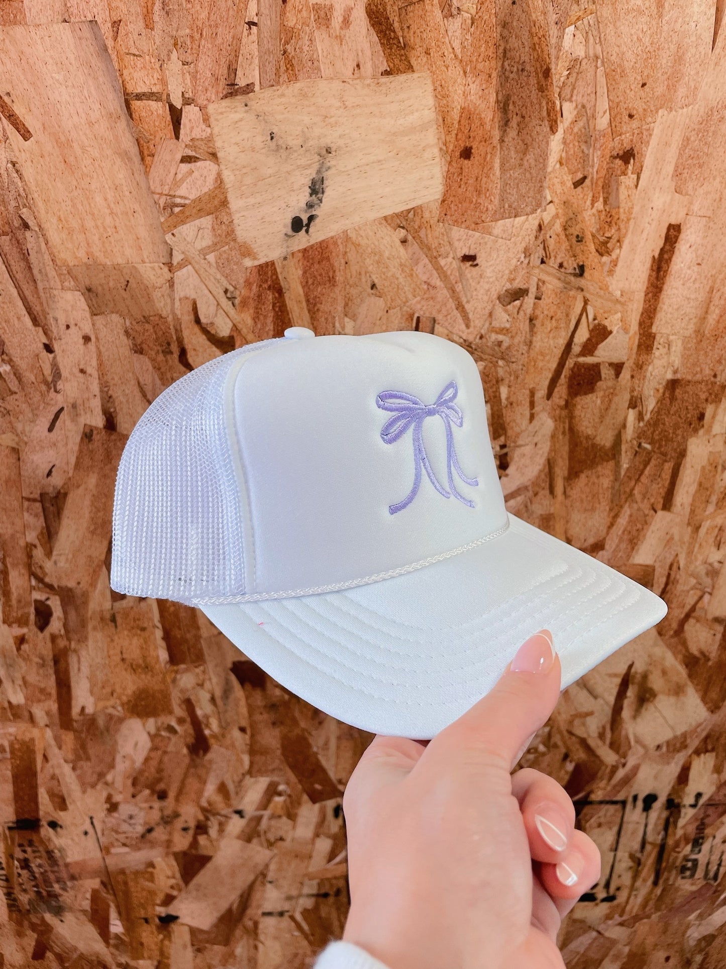 White Trucker Hat: Purple Bow