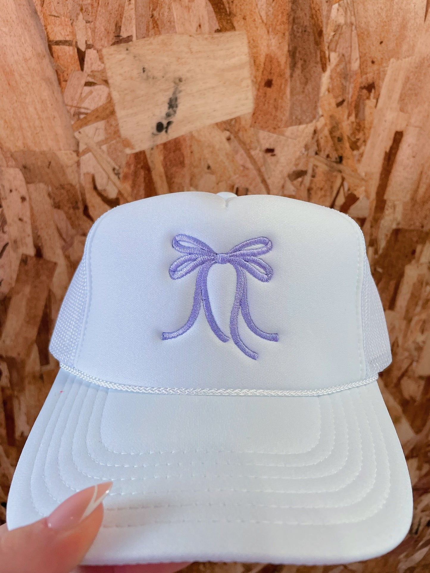 White Trucker Hat: Purple Bow