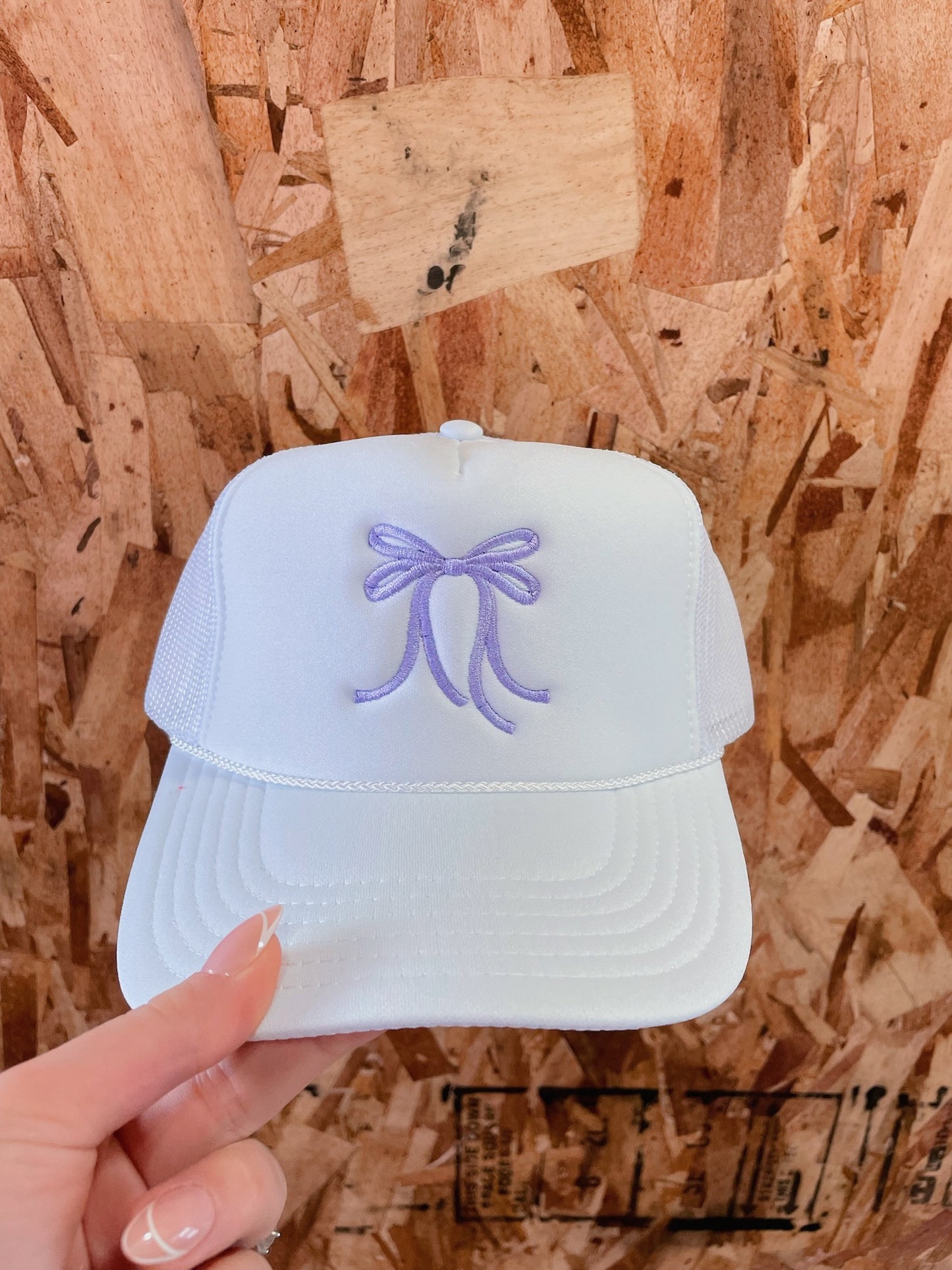 White Trucker Hat: Purple Bow