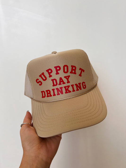 Support Day Drinking - Vinyl Trucker Hat (Tan Hat)