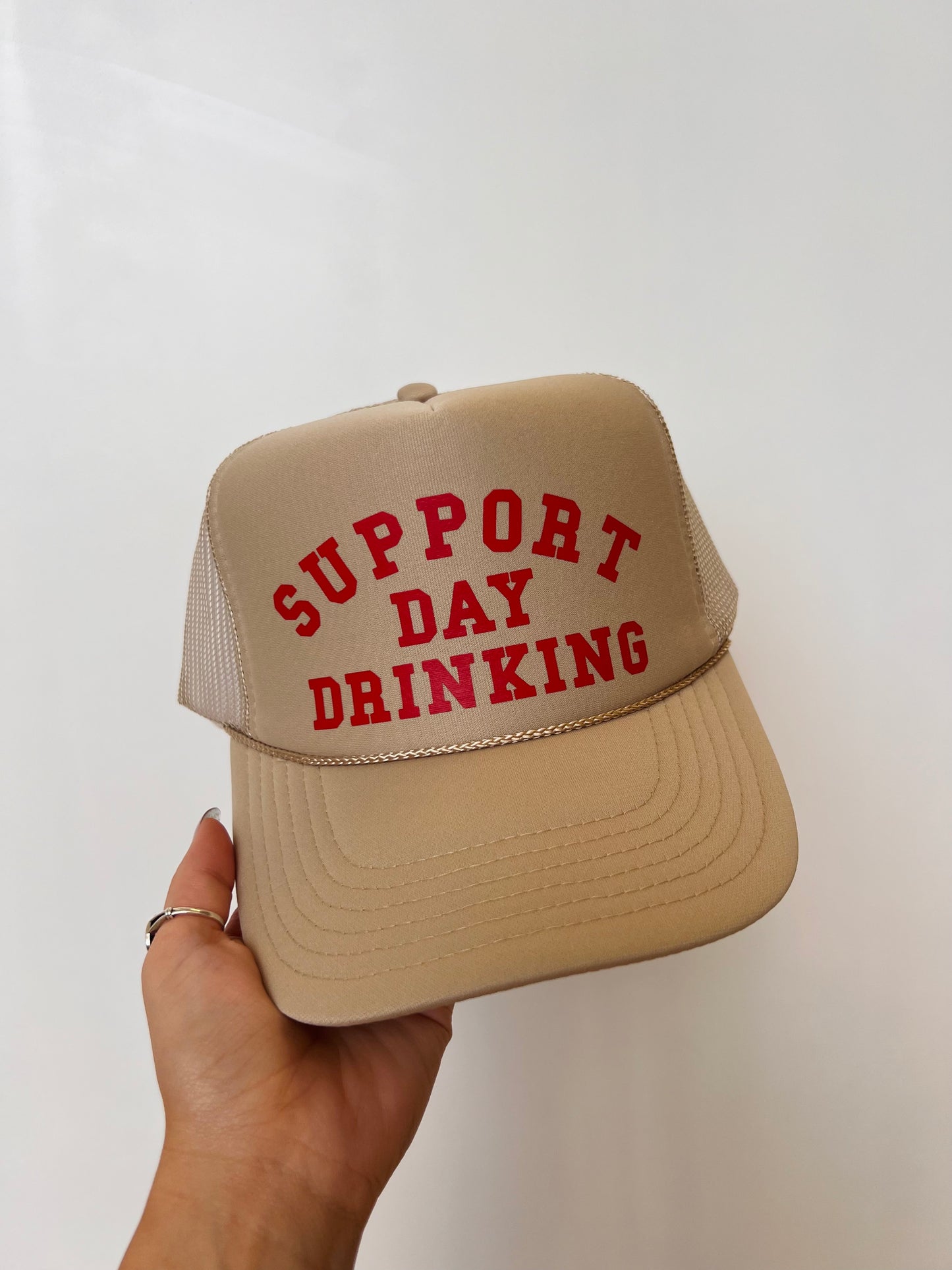 Support Day Drinking - Vinyl Trucker Hat (Tan Hat)