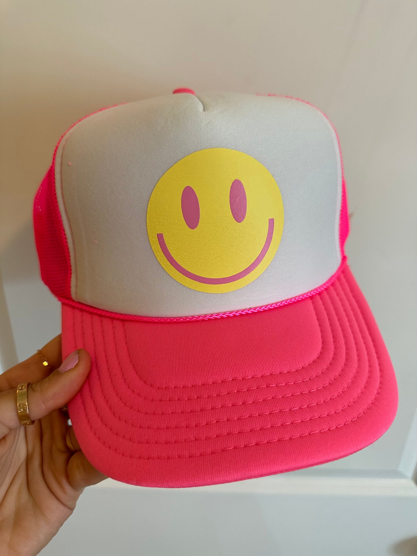 Smiley Face Neon Pink Trucker Hat