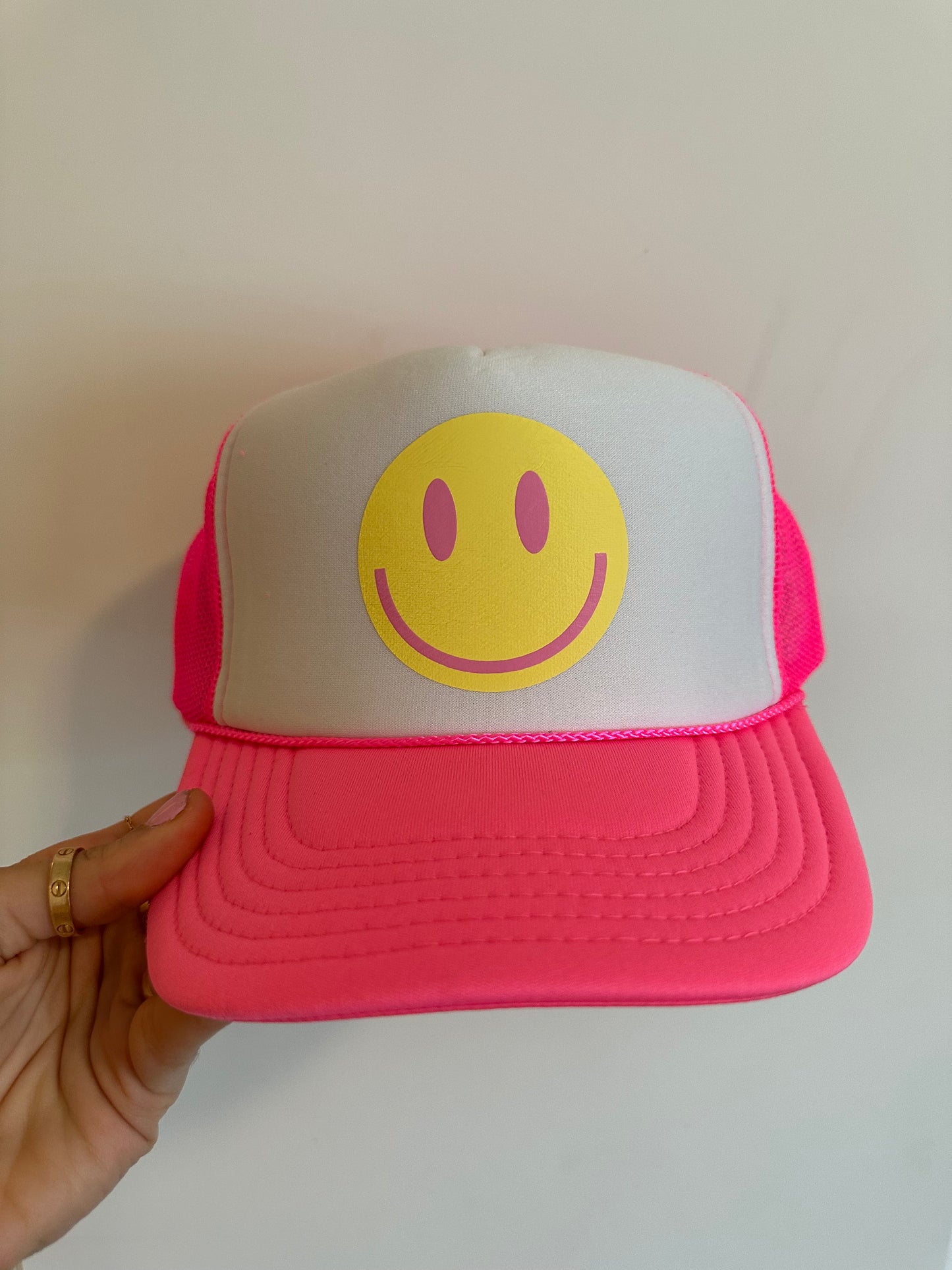 Smiley Face Neon Pink Trucker Hat