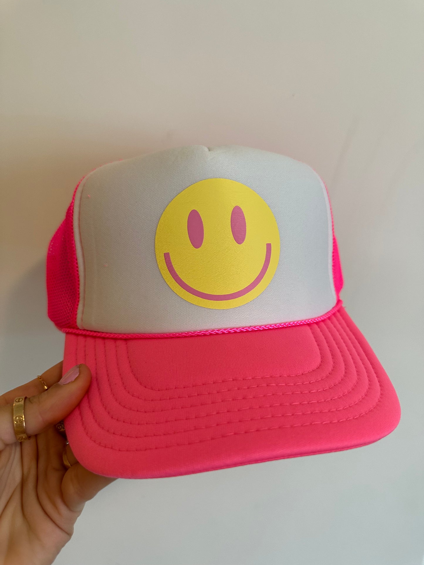 Smiley Face Neon Pink Trucker Hat