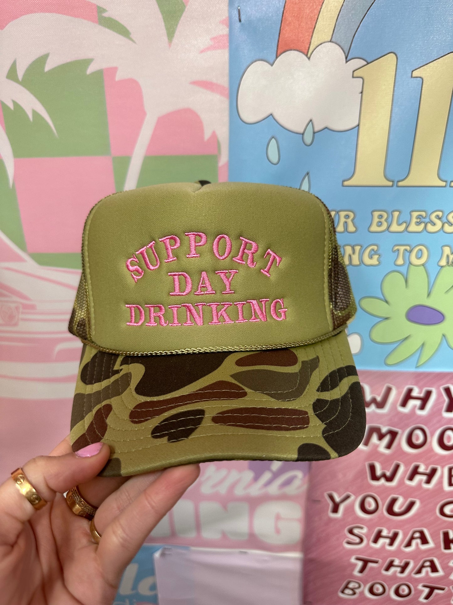 Support Day Drinking Trucker Hat - Green Camo with Pink