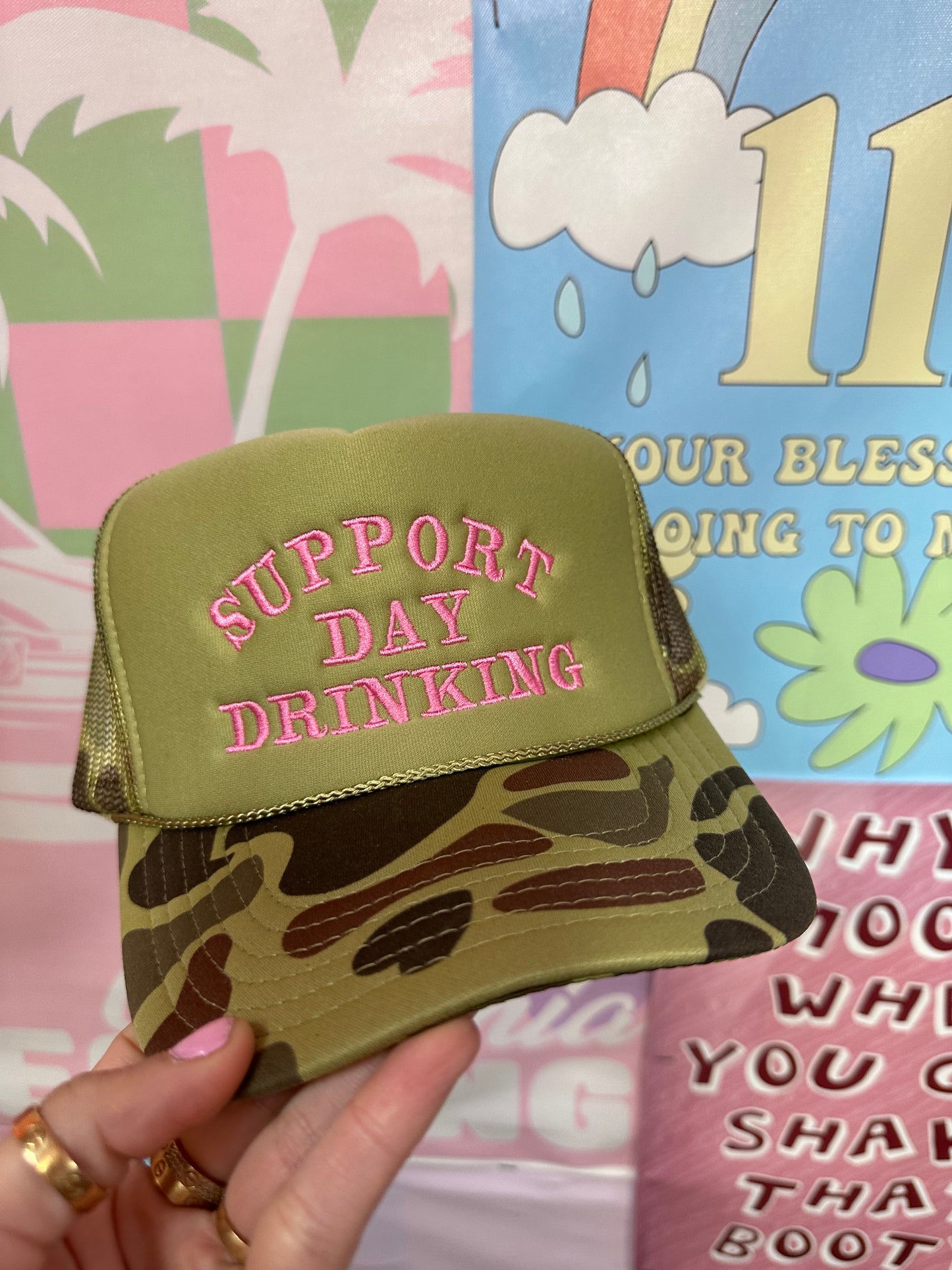 Support Day Drinking Trucker Hat - Green Camo with Pink