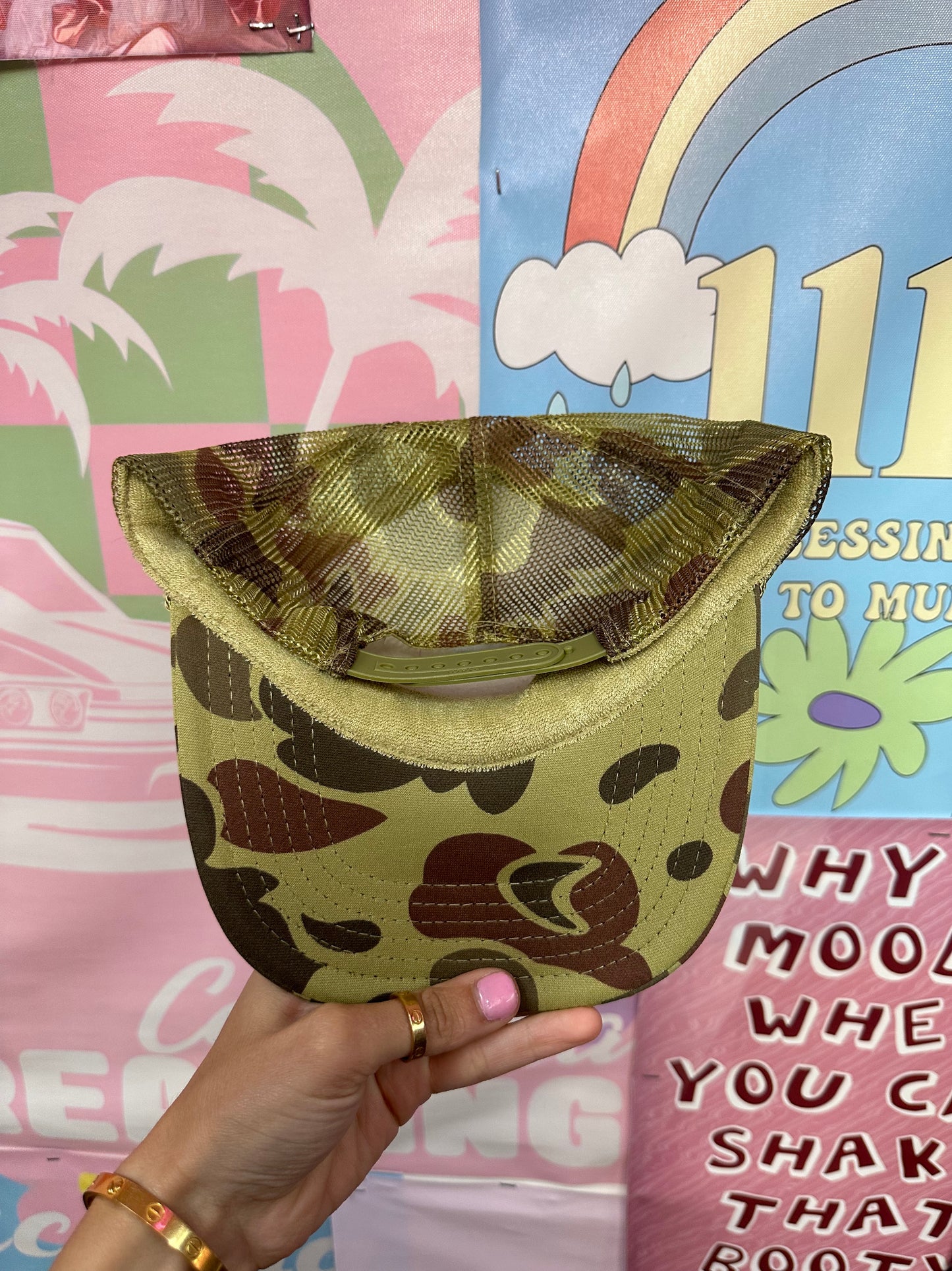 Support Day Drinking Trucker Hat - Green Camo with Pink