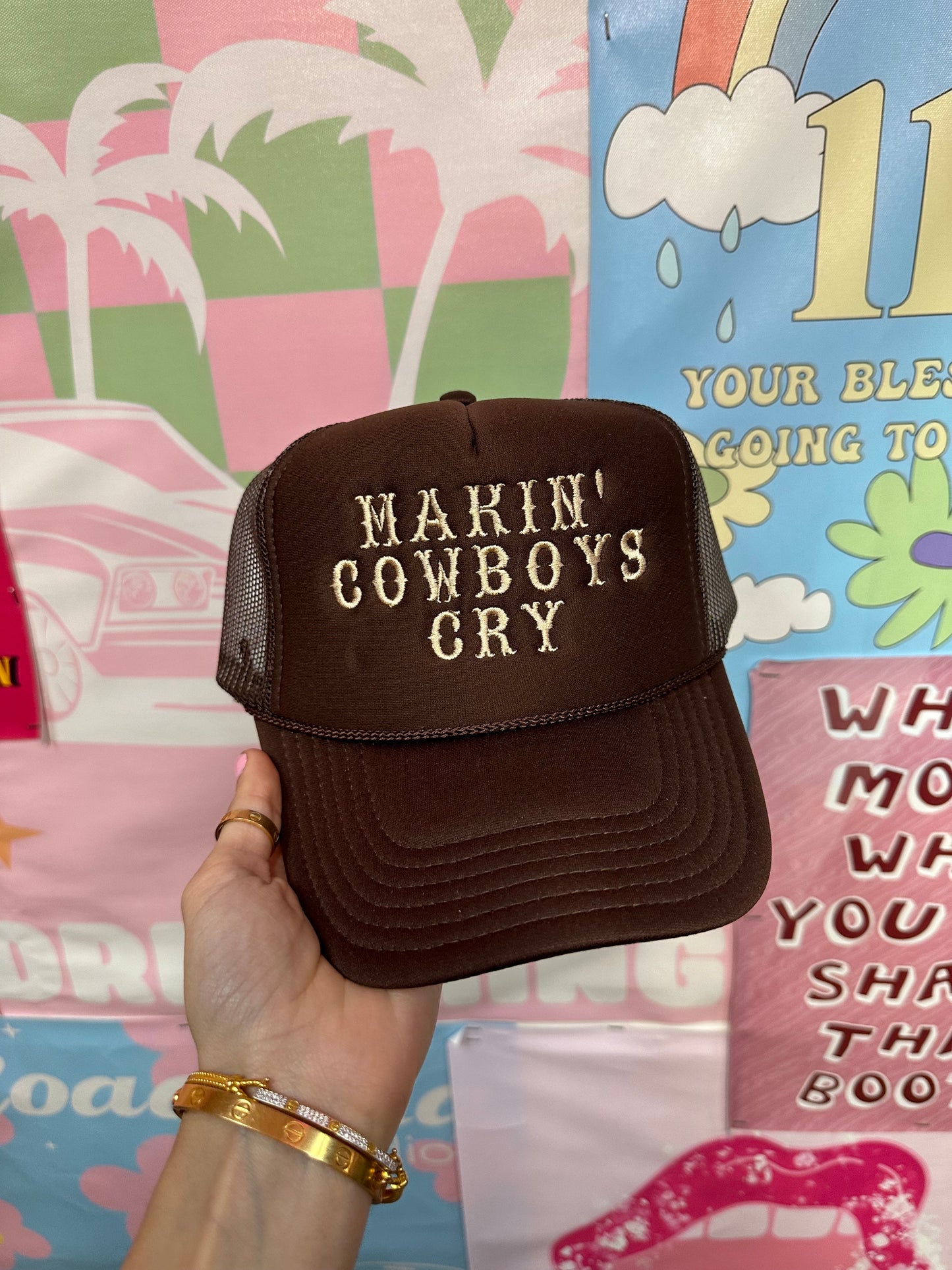 Making Cowboy's Cry Brown Trucker Hats