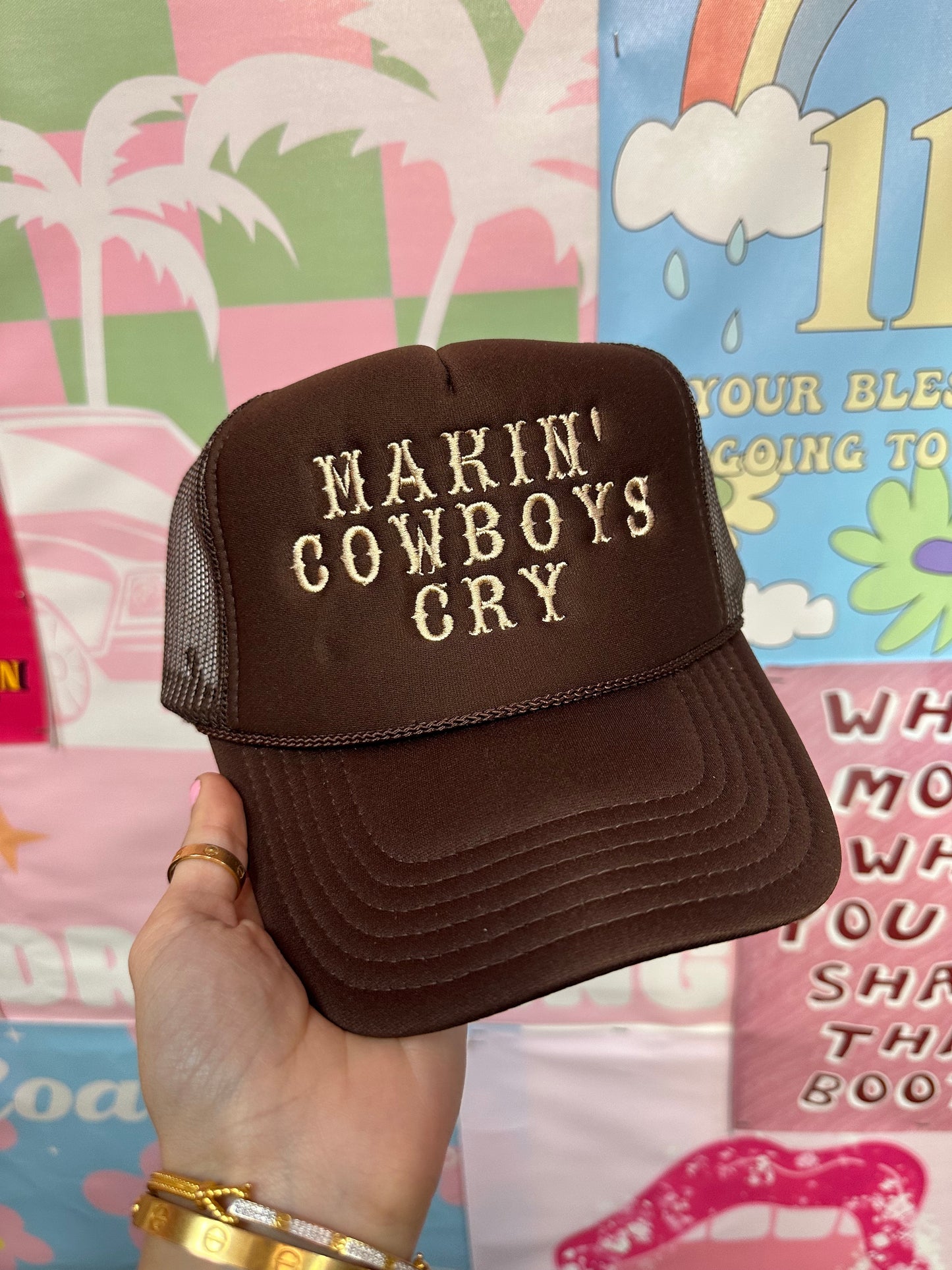 Making Cowboy's Cry Brown Trucker Hats