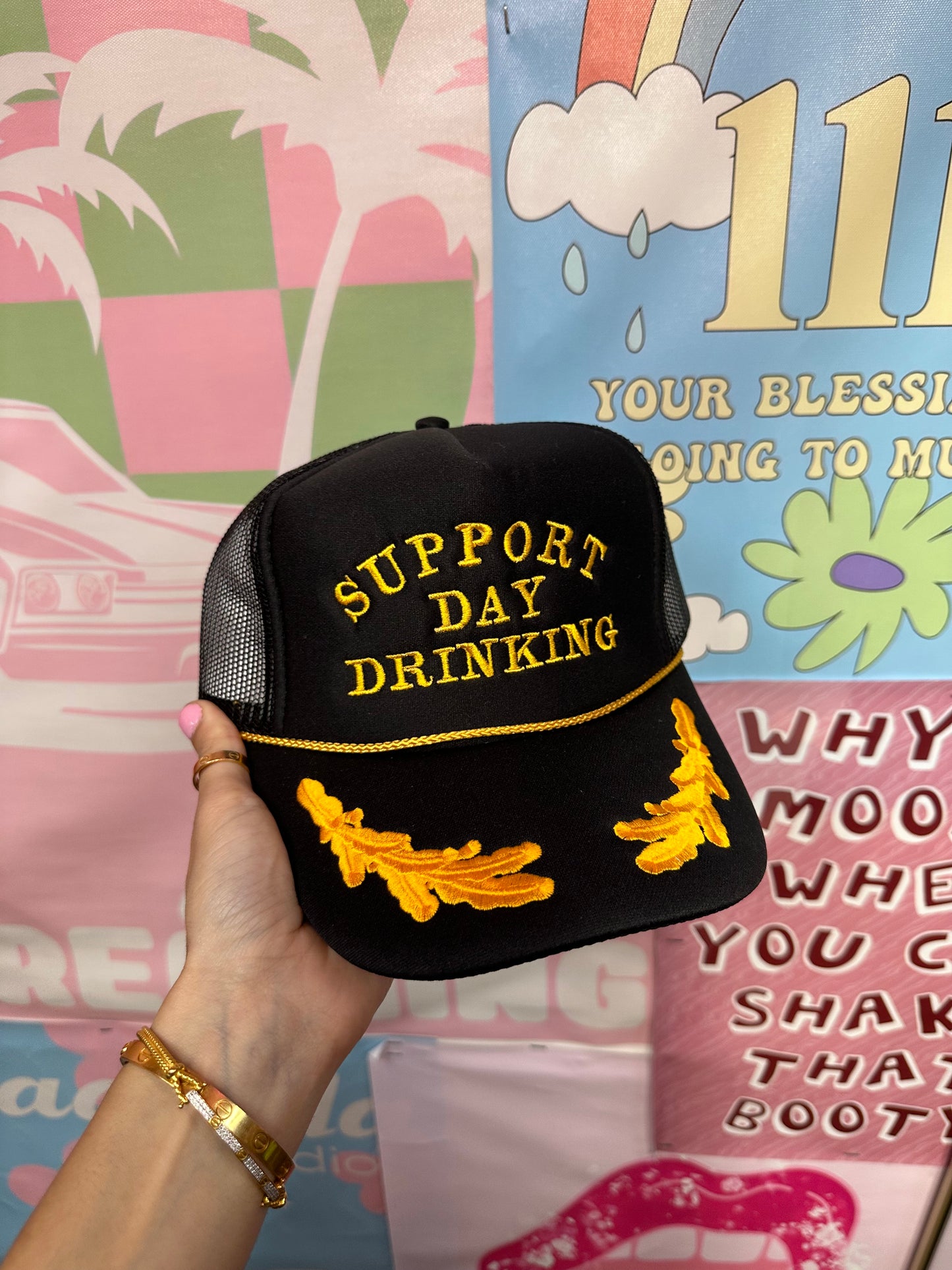 Support Day Drinking Gold Leaves Trucker Hat