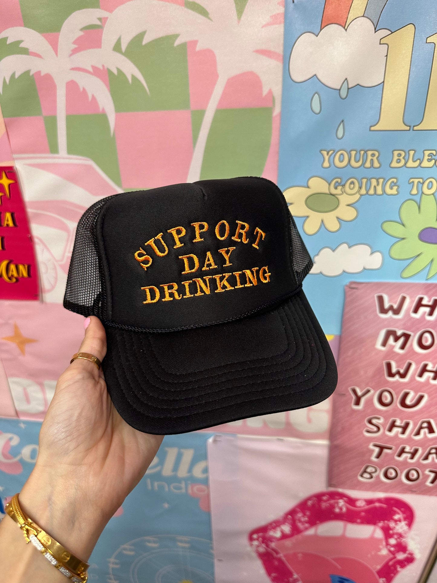 Support Day Drinking Black Trucker Hat