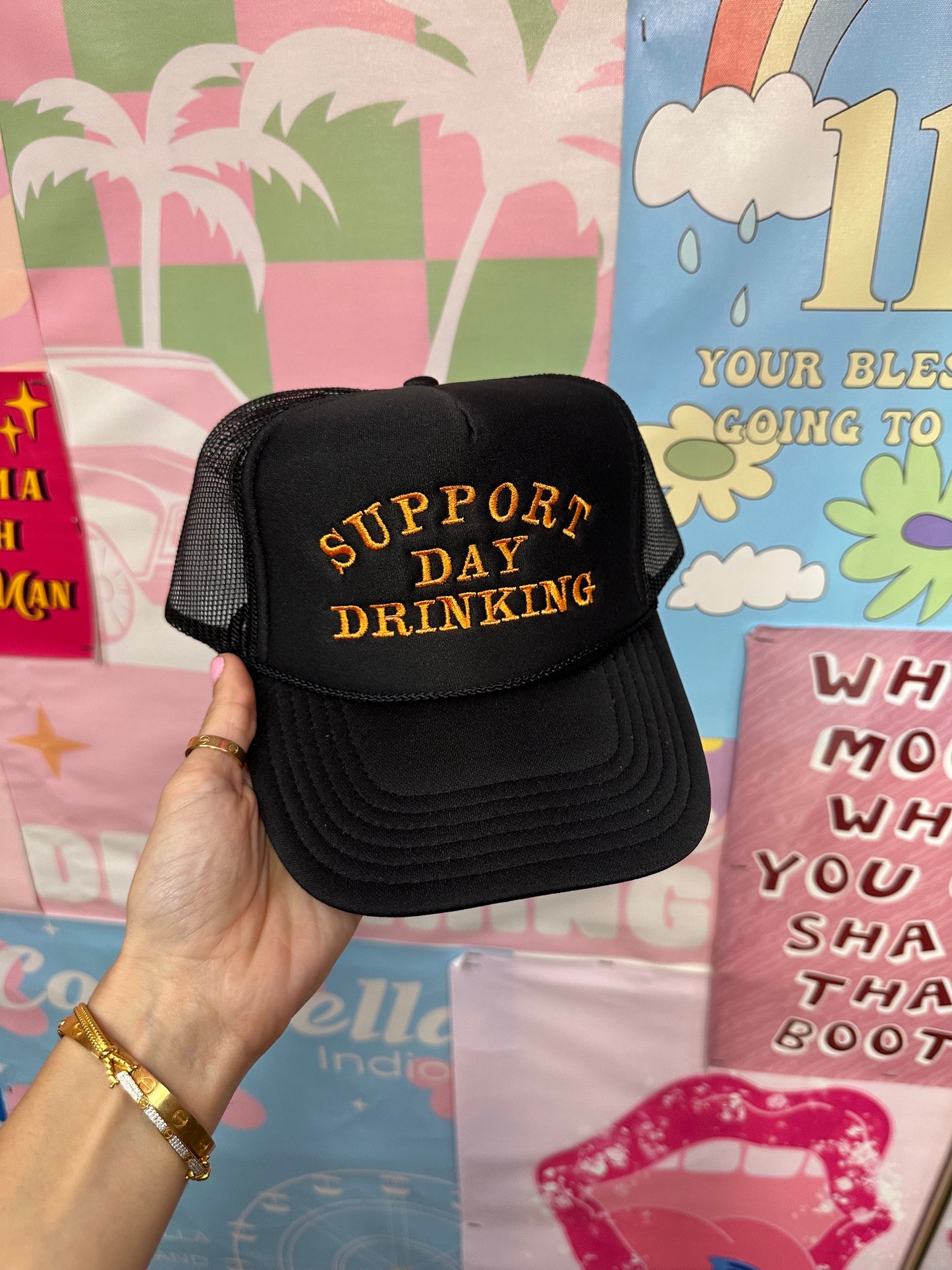 Support Day Drinking Black Trucker Hat