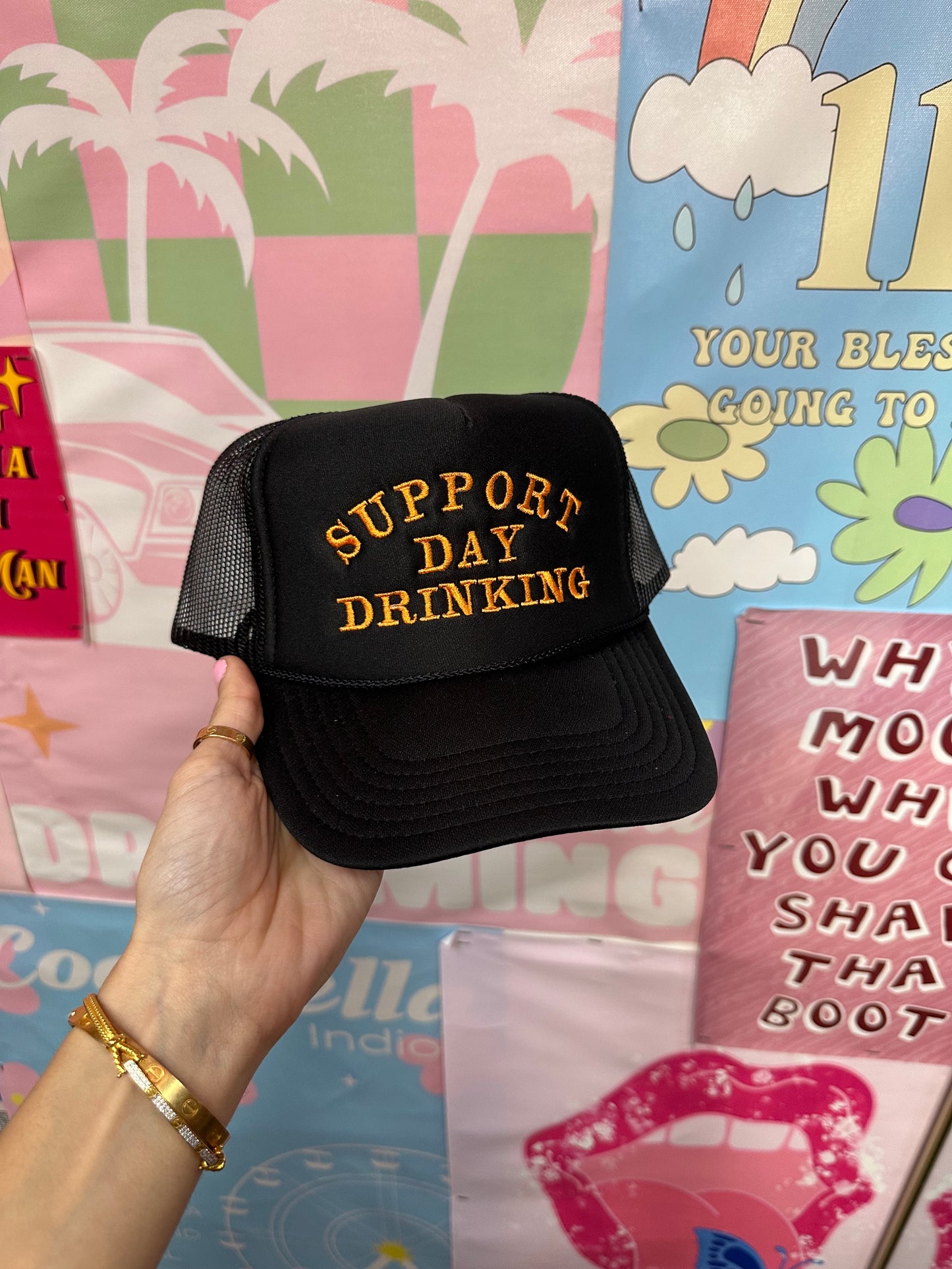 Support Day Drinking Black Trucker Hat