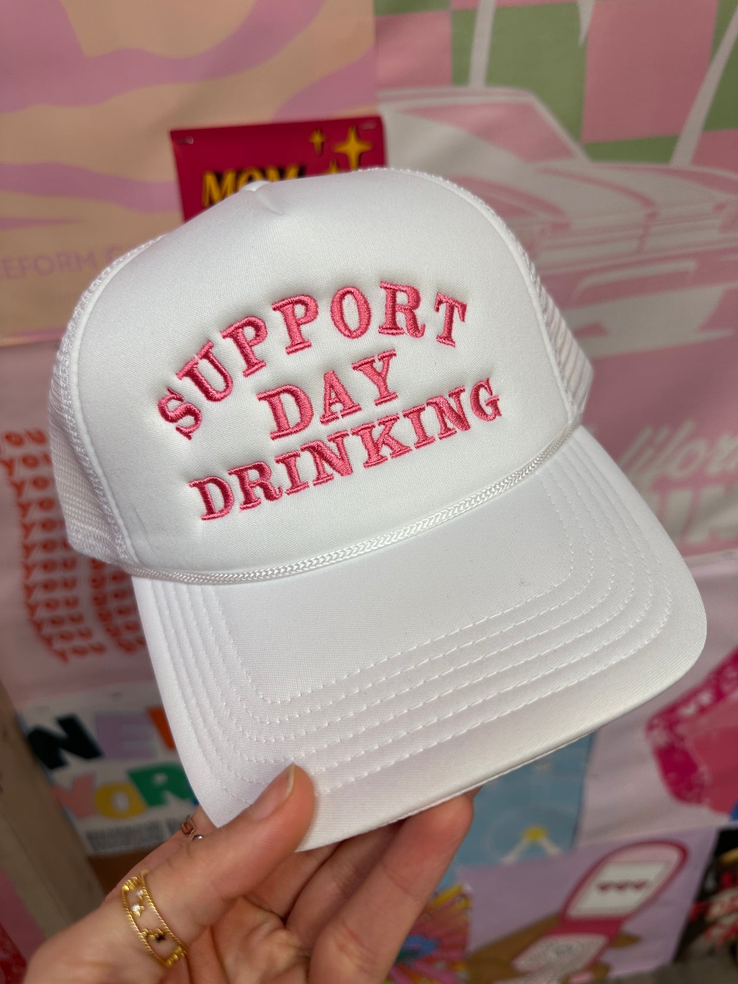 Support Day Drinking White Trucker Hat