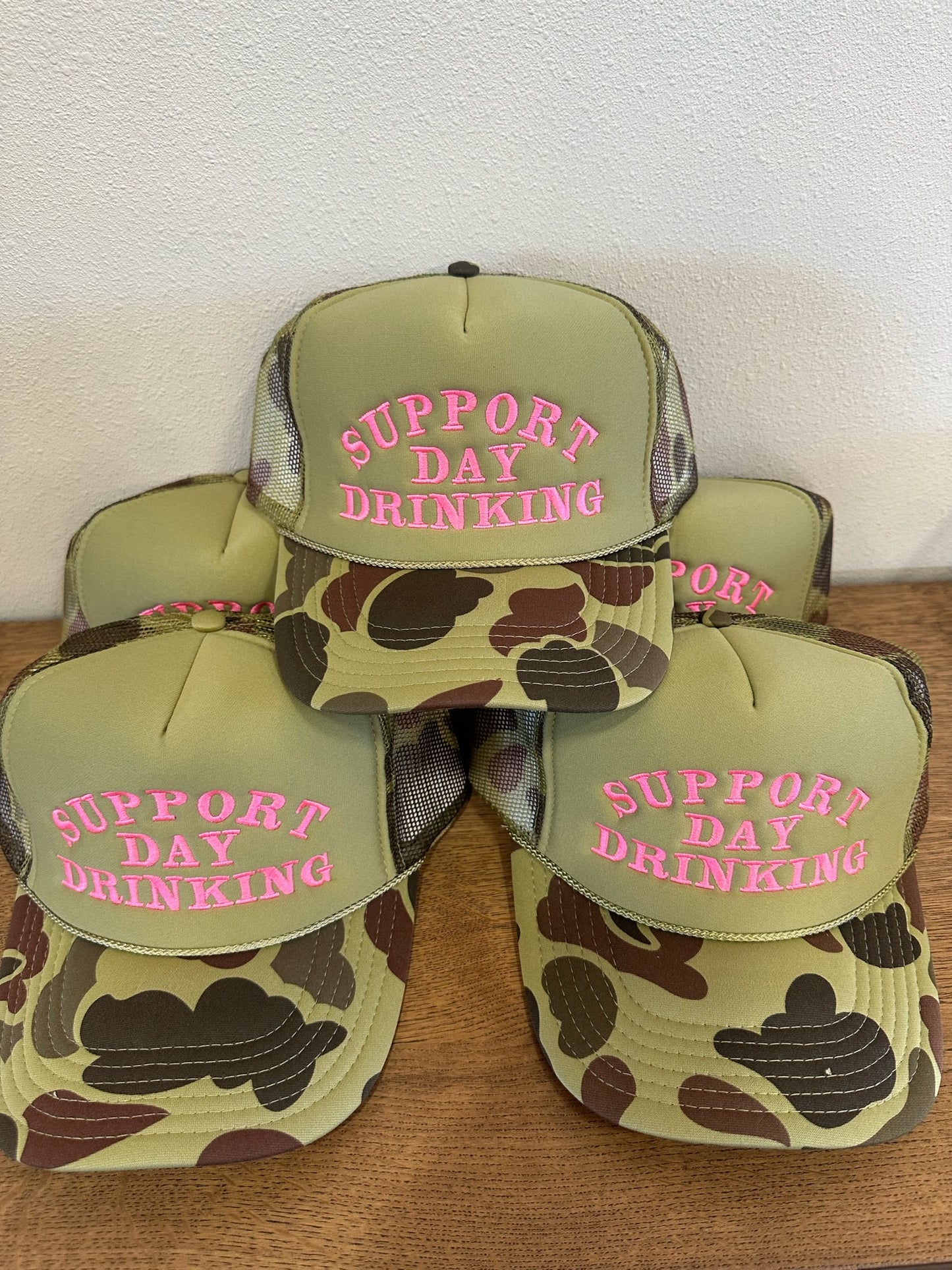 Support Day Drinking Trucker Hat - Green Camo with Pink