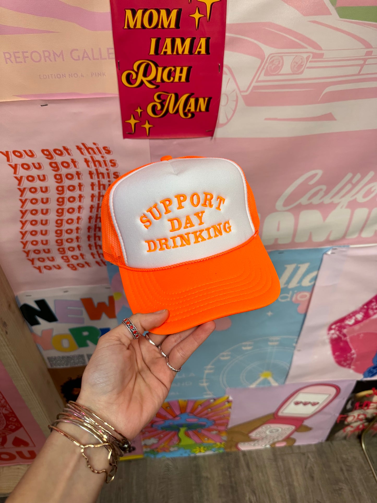 Support Day Drinking Neon Orange Trucker Hat