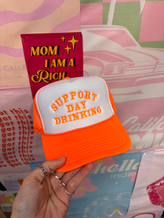 Support Day Drinking Neon Orange Trucker Hat