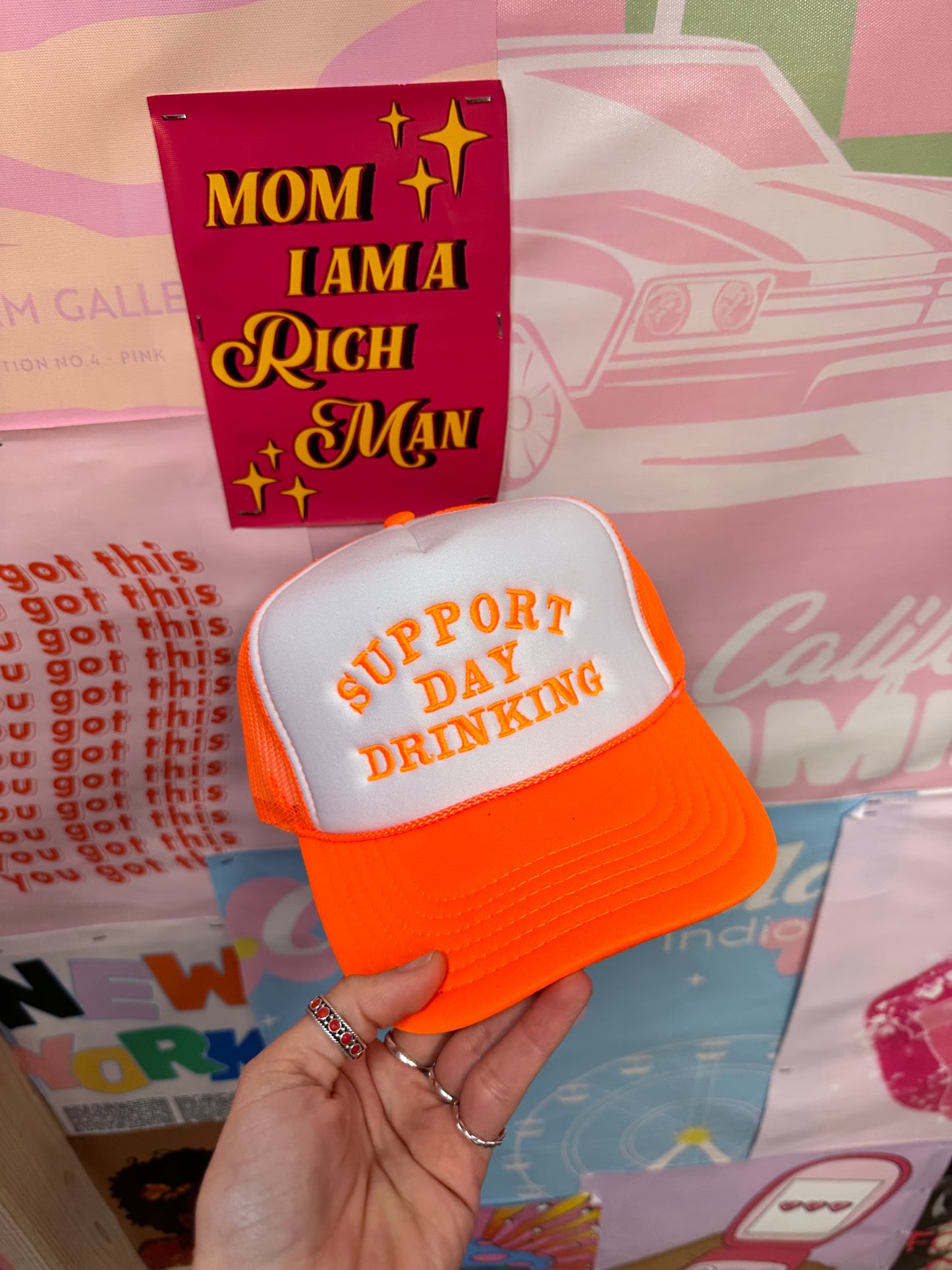 Support Day Drinking Neon Orange Trucker Hat