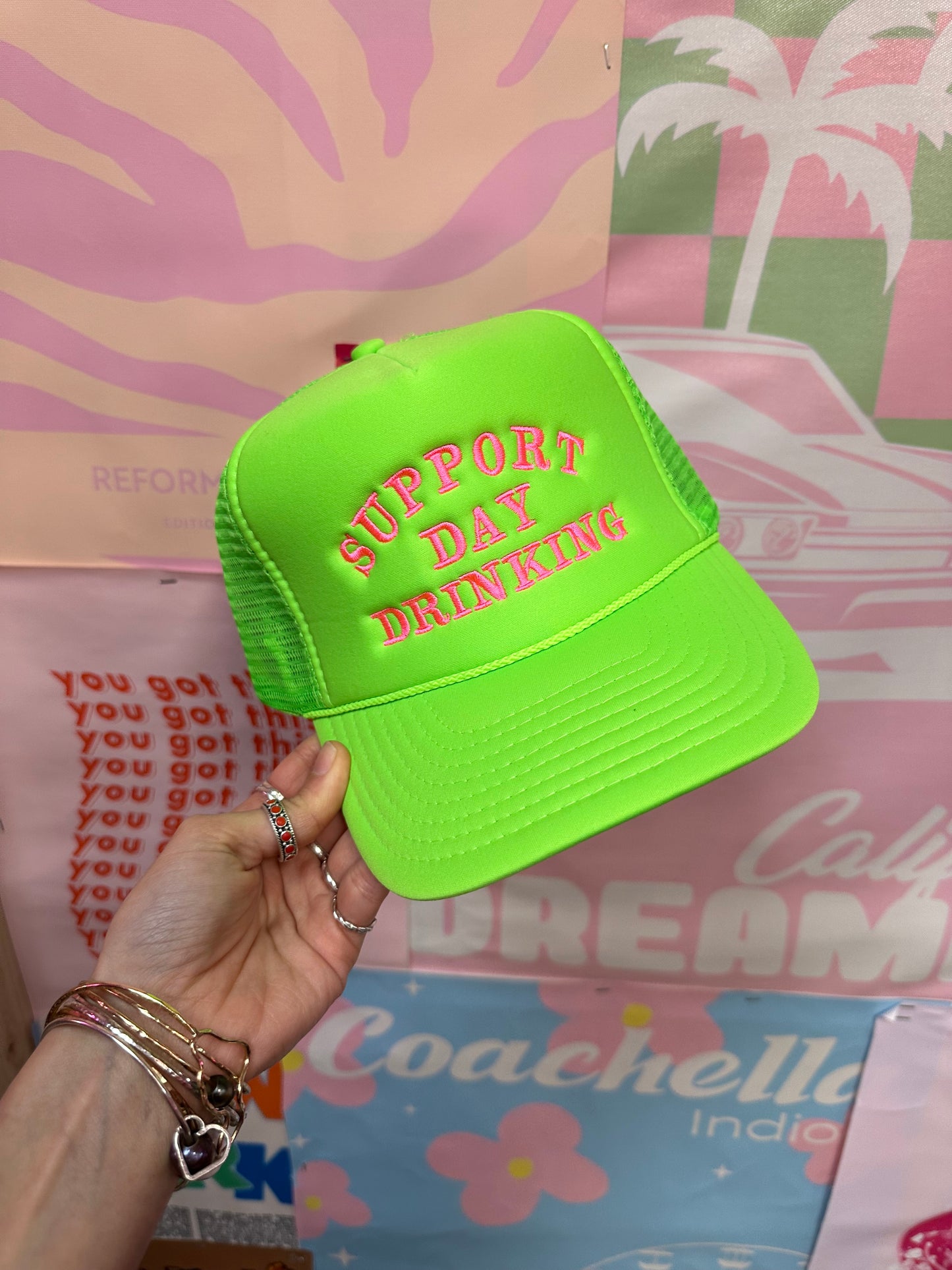 Support Day Drinking Neon Green Trucker Hat