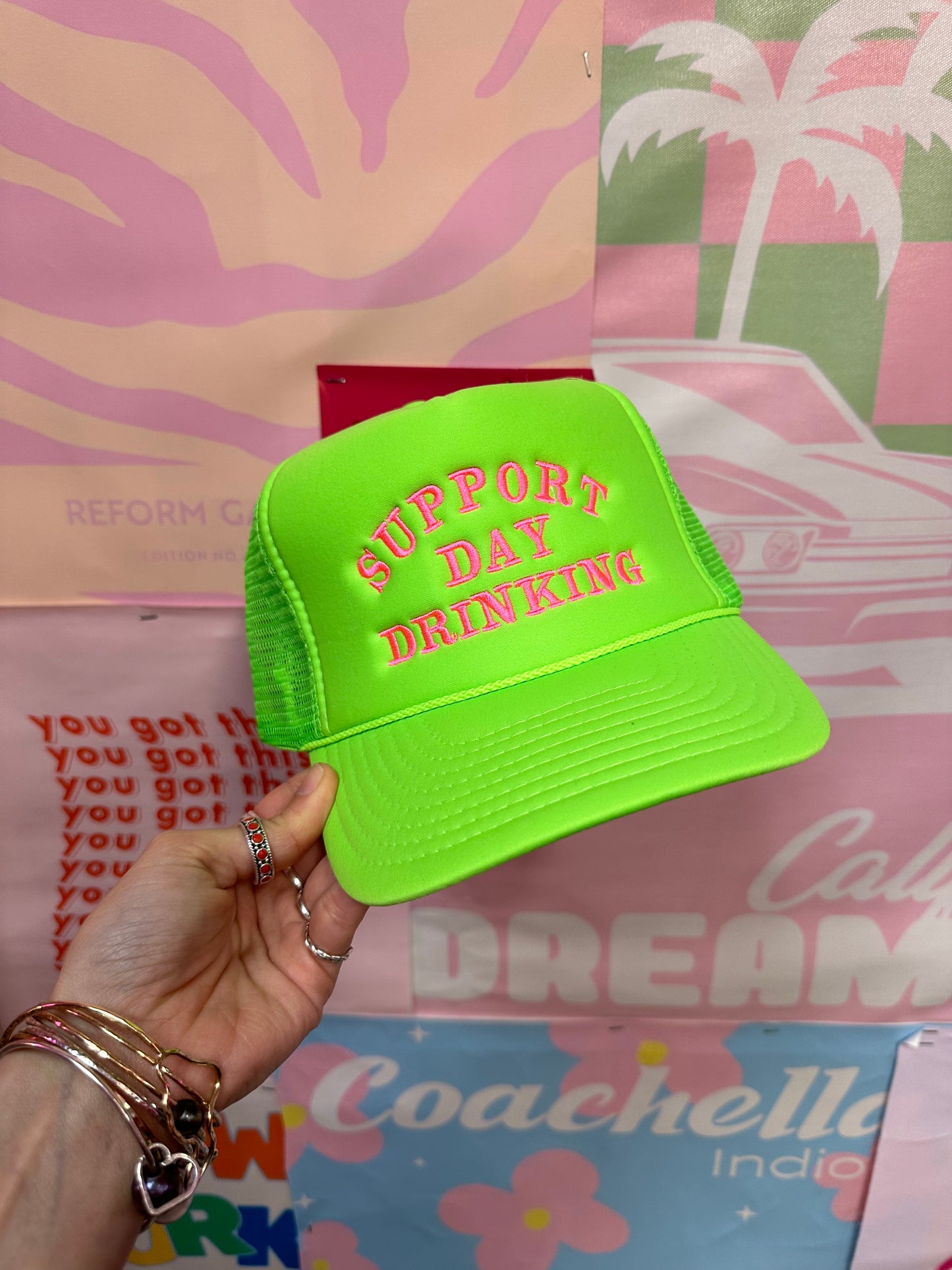 Support Day Drinking Neon Green Trucker Hat