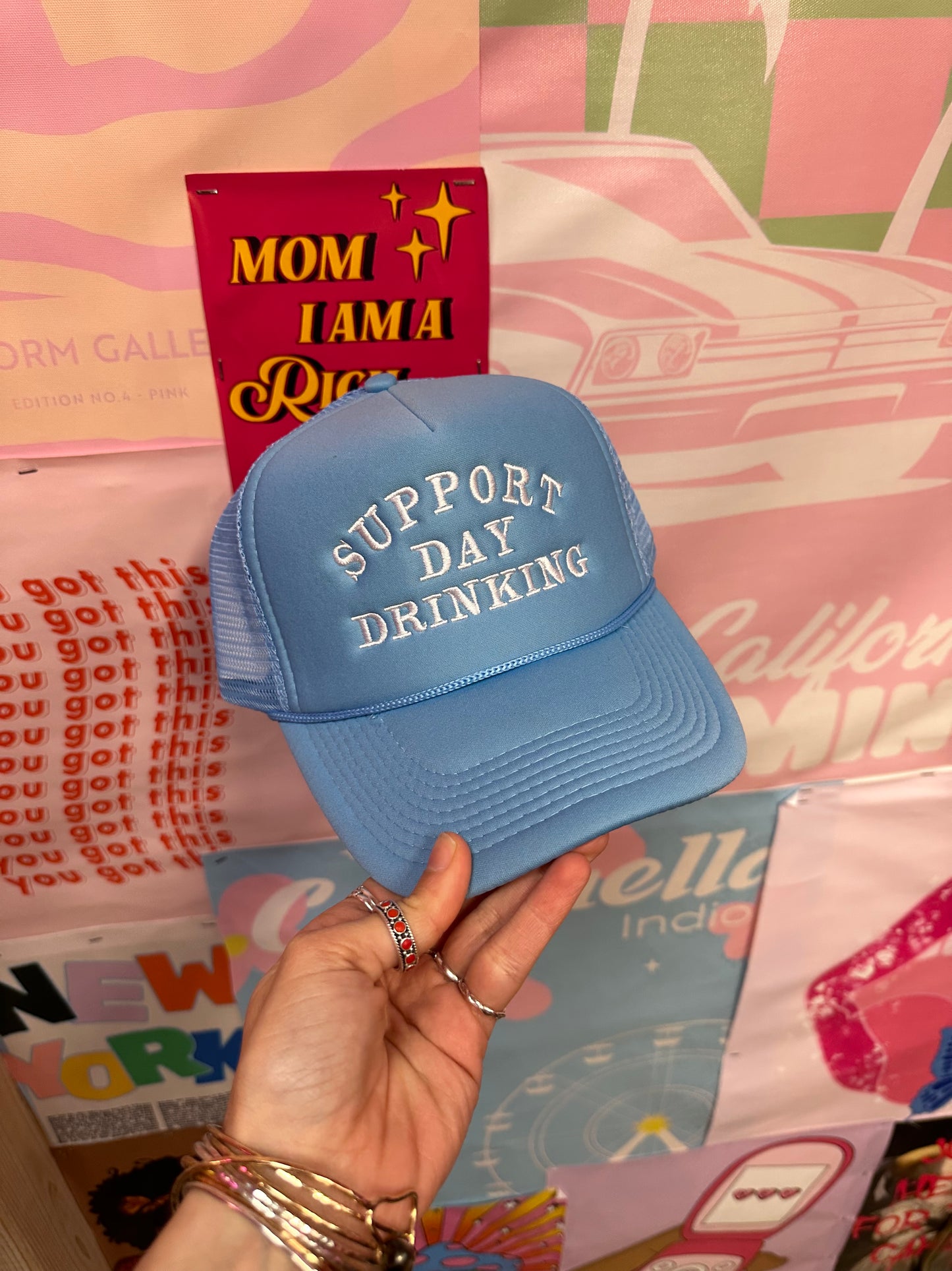 Support Day Drinking Cool Blue Trucker Hat