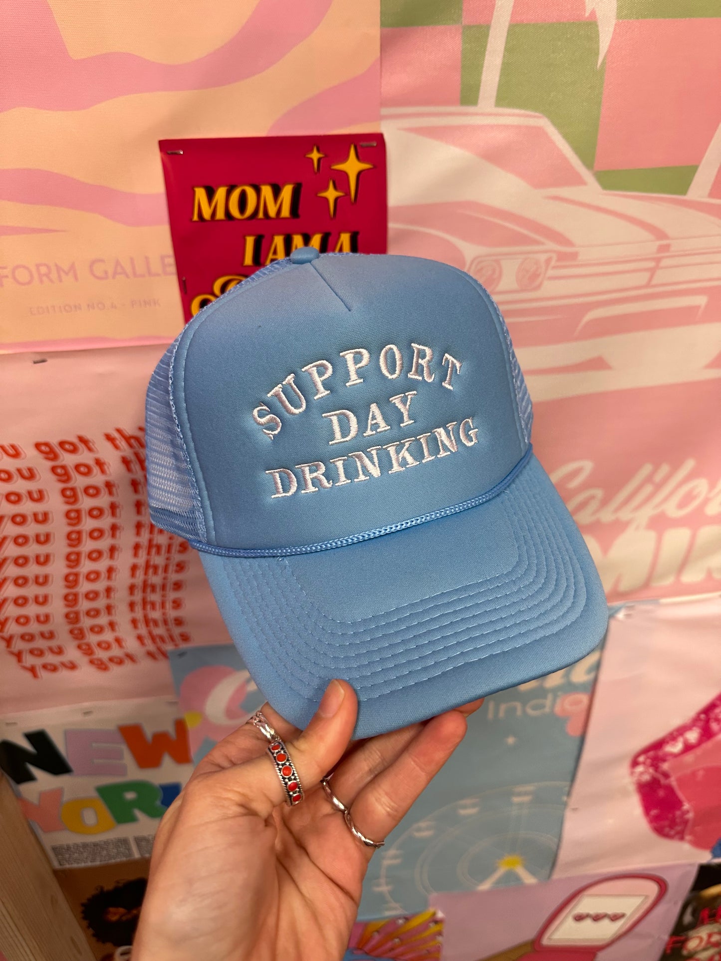 Support Day Drinking Cool Blue Trucker Hat